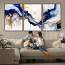 Golden Cascades on Midnight Blue – Deep Blue Abstract Wall