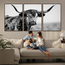 Texas Cow Longhorn Wall Art Canvas Print in Black and White