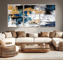 Blue and Gold Abstract Canvas Wall Art – Triptych Modern