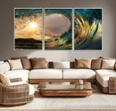Golden Wave Sunset Canvas Print – Large Coastal Wall Art for
