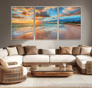 Sunset Ocean Waves on Tropical Beach, 3-Panel Giclee Canvas
