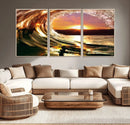 Golden Wave Sunset Triptych Canvas Art, Giclee Canvas Print