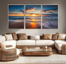 Sunset on the Ocean Beach with Waves, Reflections on Sand,