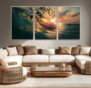 Ocean Wave Sunset Canvas Wall Art – Triptych Seascape Print