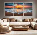 Sunset Beach Canvas Wall Art – Colorful Ocean Waves Triptych