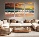 Golden Sunset Beach Canvas Wall Art – Triptych Seascape