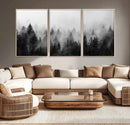 Foggy Black and White Forest Canvas Wall Art, 3 Panel Misty