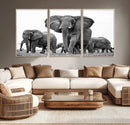 Black White Elephant Family Wall Art Canvas Print