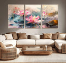 Lotus Flower Wall Art | 3-Panel Giclee Canvas Print of Pink