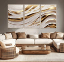 Gold and White Abstract Wave Canvas – Elegant Flowing Design