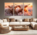 Highland Cows at Sunrise Wall Art Canvas Set – Serene and