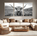 Black White Scottish Highland Cow Canvas Farm Wall Art