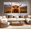 Highland Cow Longhorn Wall Art – Rustic Canvas Print, Framed