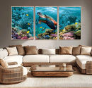 Sea Turtle and Coral Reef Triptych Wall Art – Vibrant