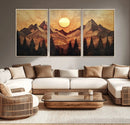 Wood Style Abstract Mountain Sunset Canvas Wall Art Print -