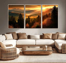 Golden Sunset Over Mountain Forest Canvas Wall Art Print -