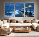 Stormy Ocean Pier Lights Canvas Wall Art Print - Large Moody