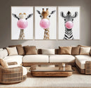 Bubblegum Animals Canvas Wall Art - Playful Giraffe and