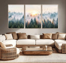 Misty Pine Forest Wall Art Canvas, Sunrise Over Foggy Trees