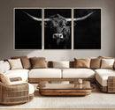 Texas Longhorn Wall Art Canvas Print – Framed Monochrome