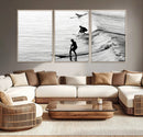 Surfers on Waves Wall Art Canvas Print – Framed Black and