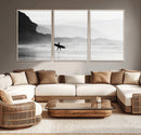 Surfer Beach Wall Art – Framed Black White Ocean Canvas