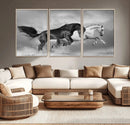 Wild Horses Wall Art Canvas Print – Framed Black and White