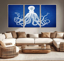 Large 3-Panel Blue Octopus Canvas Wall Art | Coastal Marine by MyGreatCanvas | Canvas Wall Art Prints | Photo Prints & Wall Decor
