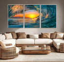 Ocean Wave Sunset Wall Art | Large Coastal Wave Canvas Print