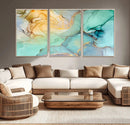 Abstract Aqua and Gold Fluid Wall Art Canvas | 3 Panel Large by MyGreatCanvas | Canvas Wall Art Prints | Photo Prints & Wall Decor