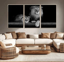 Large Black and White Lion Couple Wall Art Canvas Print –