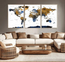 Modern Abstract World Map Canvas Wall Art – Framed Blue and