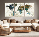 Vintage World Map Wall Art Canvas Print, Framed Rustic Earth