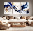 Golden Cascades on Midnight Blue – Deep Blue Abstract Wall