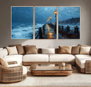 Stormy Night at Beach Pier Oil Painting Large Wall Art