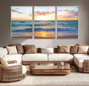 Golden Sunset Over Ocean Waves - Serene Coastal Triptych