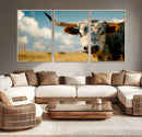 Longhorn in the Prairie - Stunning Ranch-Style Triptych Wall
