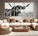 Texas Cow Longhorn Wall Art Canvas Print in Black and White