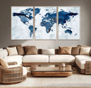 Modern Blue World Map Canvas Print – Framed Wall Art,