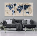Vintage Blue World Map Canvas Wall Art – Antique Style