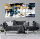Blue and Gold Abstract Canvas Wall Art – Triptych Modern