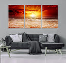 Red Sunset Ocean Beach Canvas Wall Art Beach Canvas, Coastal