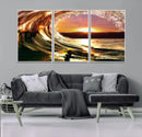 Golden Wave Sunset Triptych Canvas Art, Giclee Canvas Print