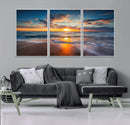 Sunset on the Ocean Beach with Waves, Reflections on Sand,
