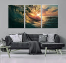 Ocean Wave Sunset Canvas Wall Art – Triptych Seascape Print