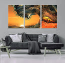 Surf Wave Sunset Canvas Wall Art Print, 3-Panel Ocean