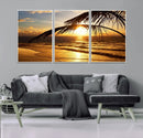 Golden Tropical Beach Sunset Canvas Triptych, Coastal Palm