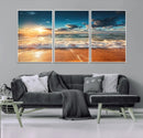 Golden Sunset Beach Triptych Canvas Art, Giclee Coastal Wall