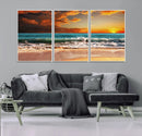 Golden Sunset Beach Canvas Wall Art – Triptych Seascape