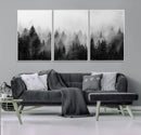 Foggy Black and White Forest Canvas Wall Art, 3 Panel Misty